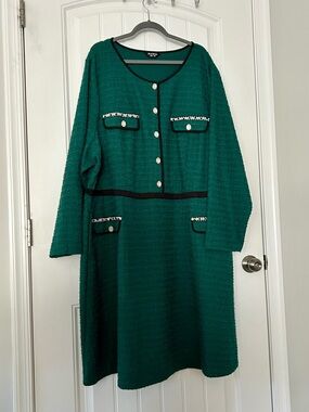Emerald Green Tweed Dress with Button Detail